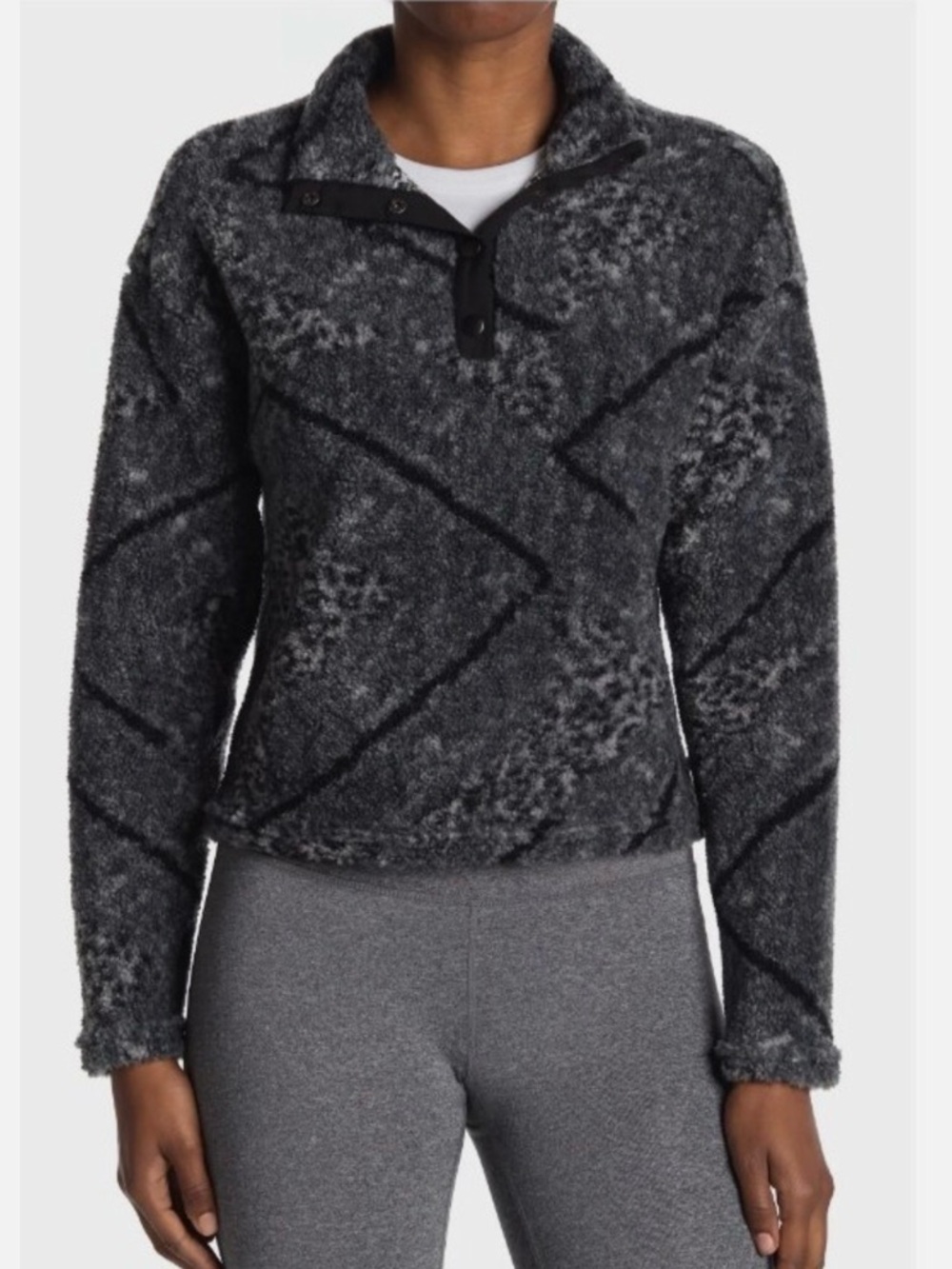 MARIKA Cozy Gray Textured Pullover Teddy Sherpa Sweatshirt